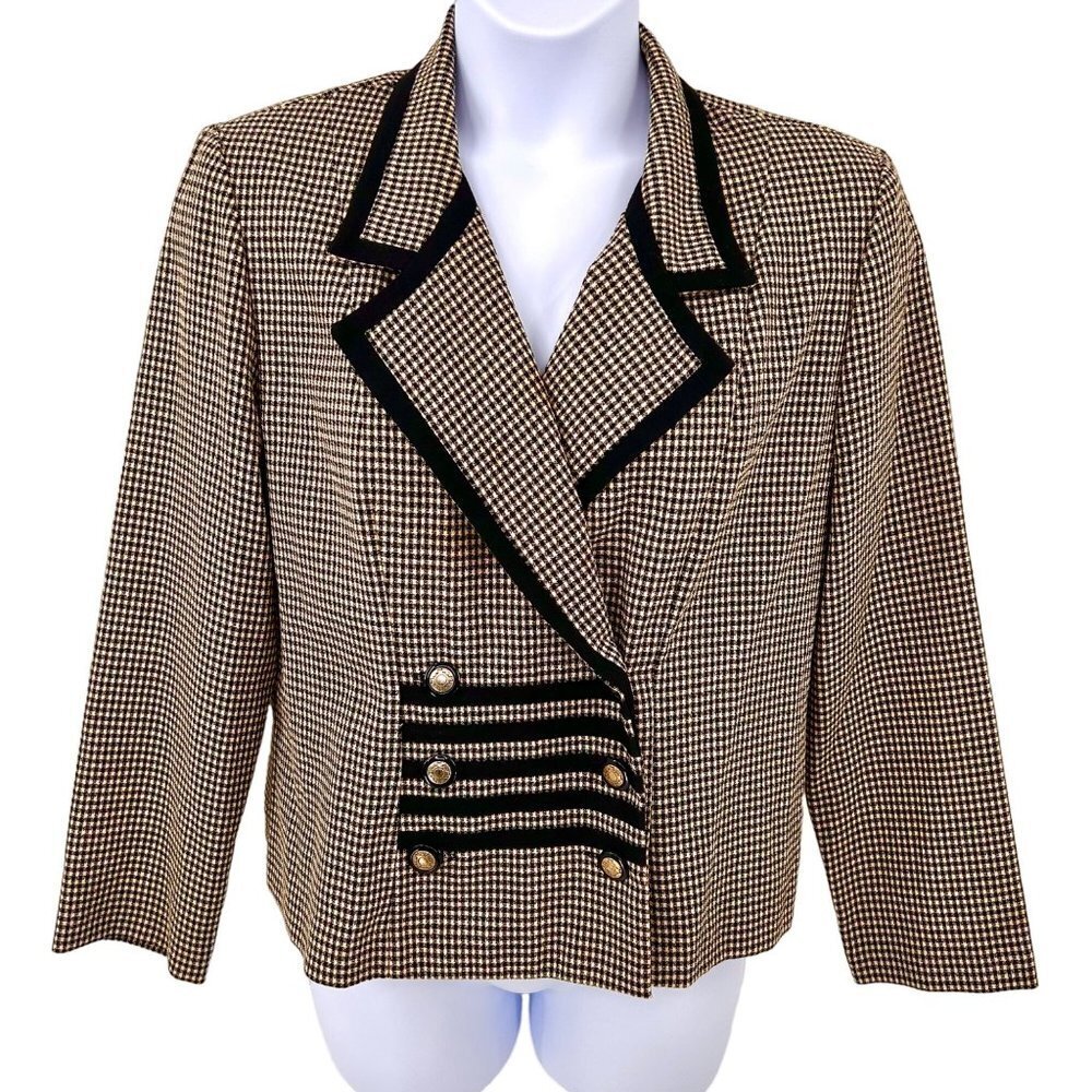 VINTAGE 80S VIRGO II BLACK & BEIGE CHECKER DOUBLE BREASTED BLAZER JACKET - L